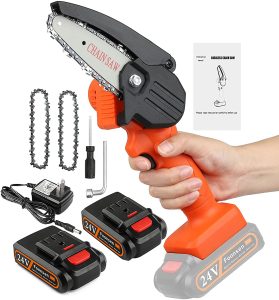 hand-held cordless chain saw, battery-powered chainsaw, for cutting wood, cutting branches