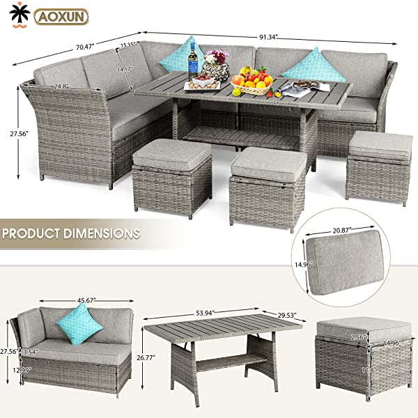 Aoxun 7 Pieces Outdoor Furniture Set, Sectional Sofa Conversation Set with Cushions and Pillows, All Weather Wicker Rattan Suitable for Deck or Yard(Brown) 7 Pieces - Brown