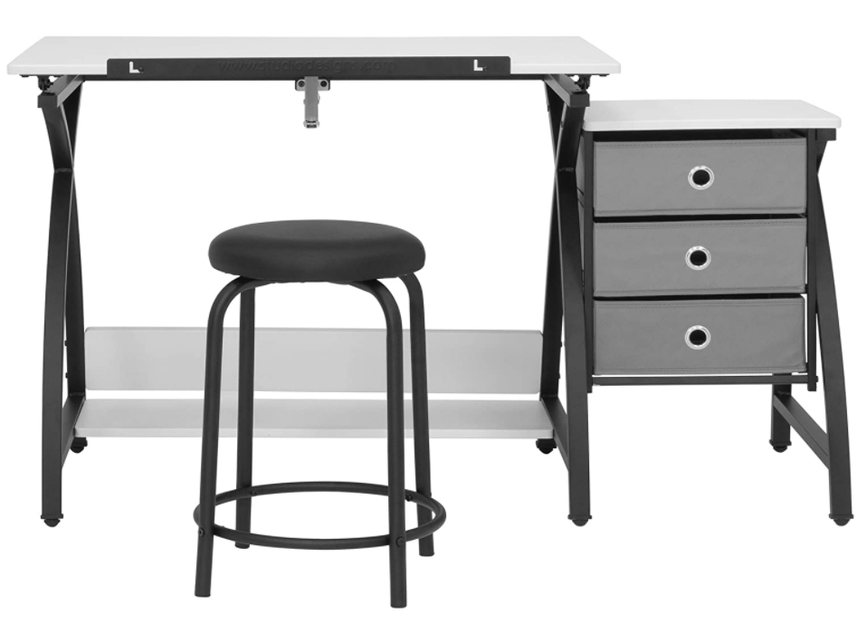 SD STUDIO DESIGNS 2 Piece Comet Craft Table | Angle Adjustable Top and Stool | Black/White