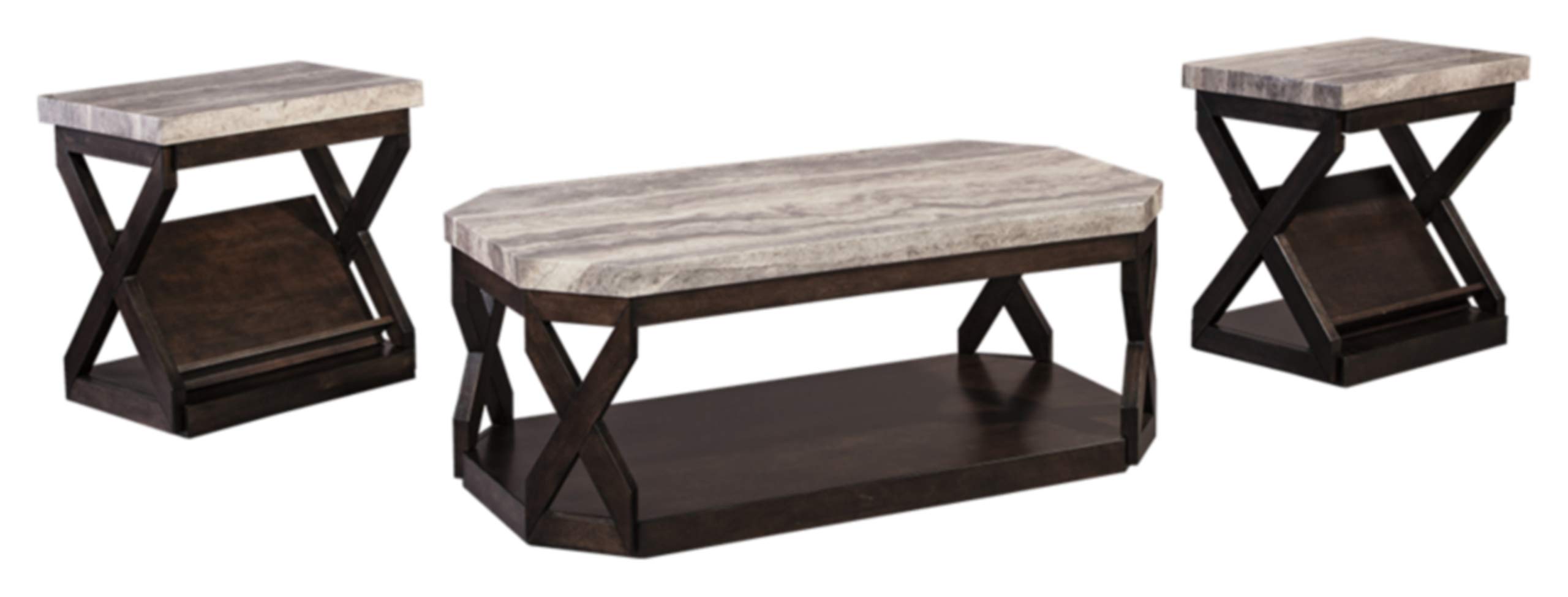 【Furniture】Faux Marble 3-Piece Table Set, Includes Coffee Table & 2 End Tables, Gray & Brown
