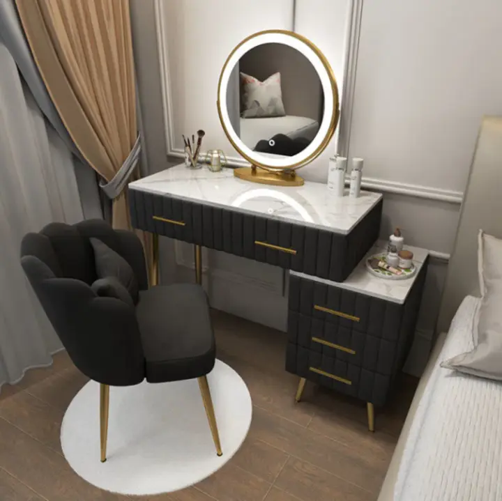 【Furniture】Marble Dresser Set with Illuminated LED Touch Screen Dimmable Round Mirror Makeup Cabinet