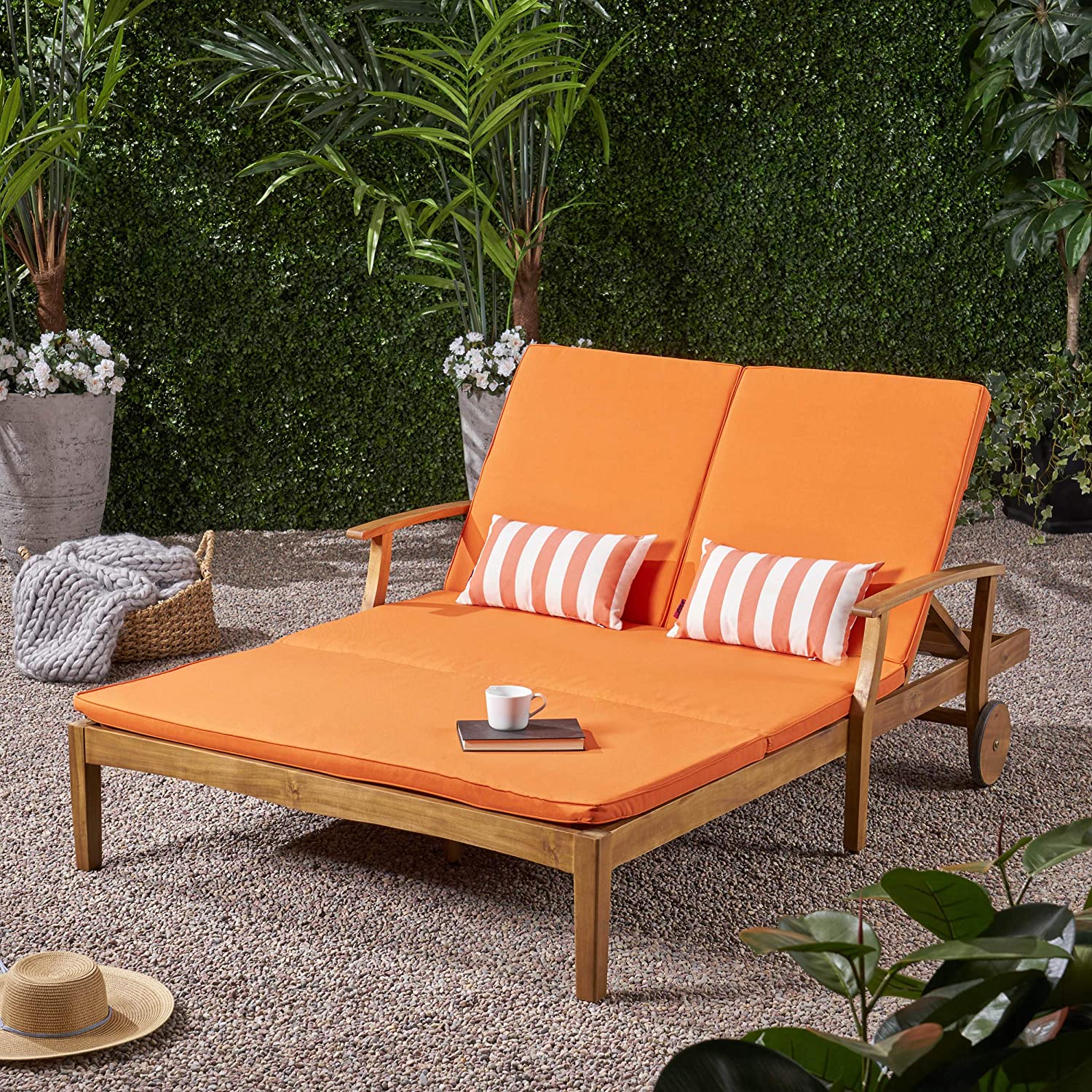 【Home&Garden】Samantha Double Chaise Lounge for Yard & Patio, Acacia Wood Frame, Teak Finish with Cushions