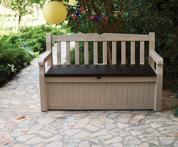 Keter Eden Bench 265L Outdoor 60% recycled Garden Furniture Storage Box Beige & Brown Wood Panel Effect