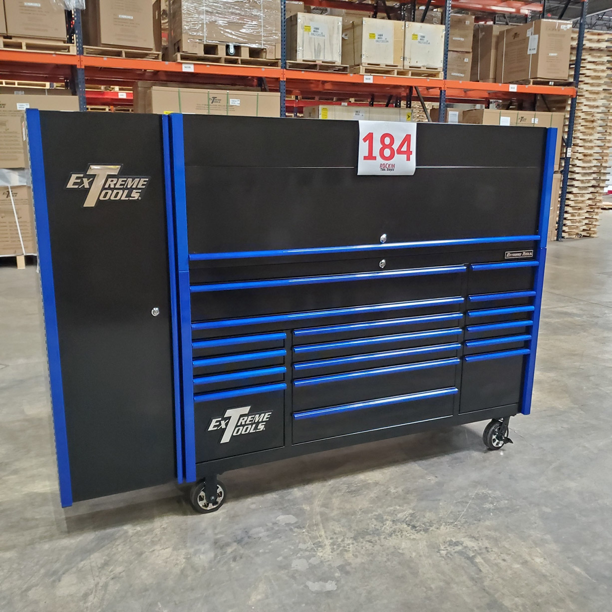 used toolboxScratch & Dent, Extreme Tools DX Series 72 x 21 Triple Bank Roller, Hutch & Side Locker Combo in Black-Blue