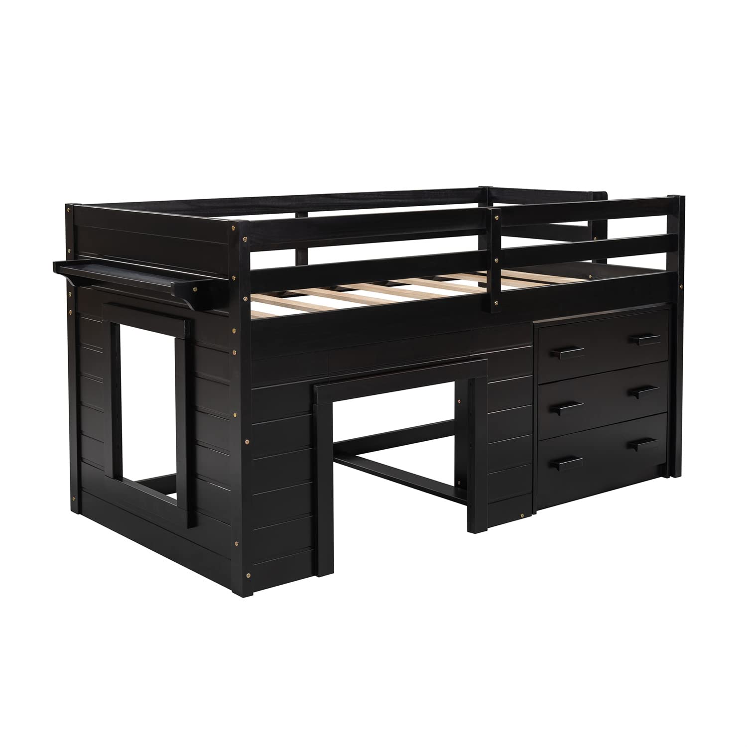 【Furniture】Bellemave Low Loft Beds with 3 Drawers Twin Loft Bed Frame with Cabinet & Bedside Tray Wood Farmhouse Loft Bed