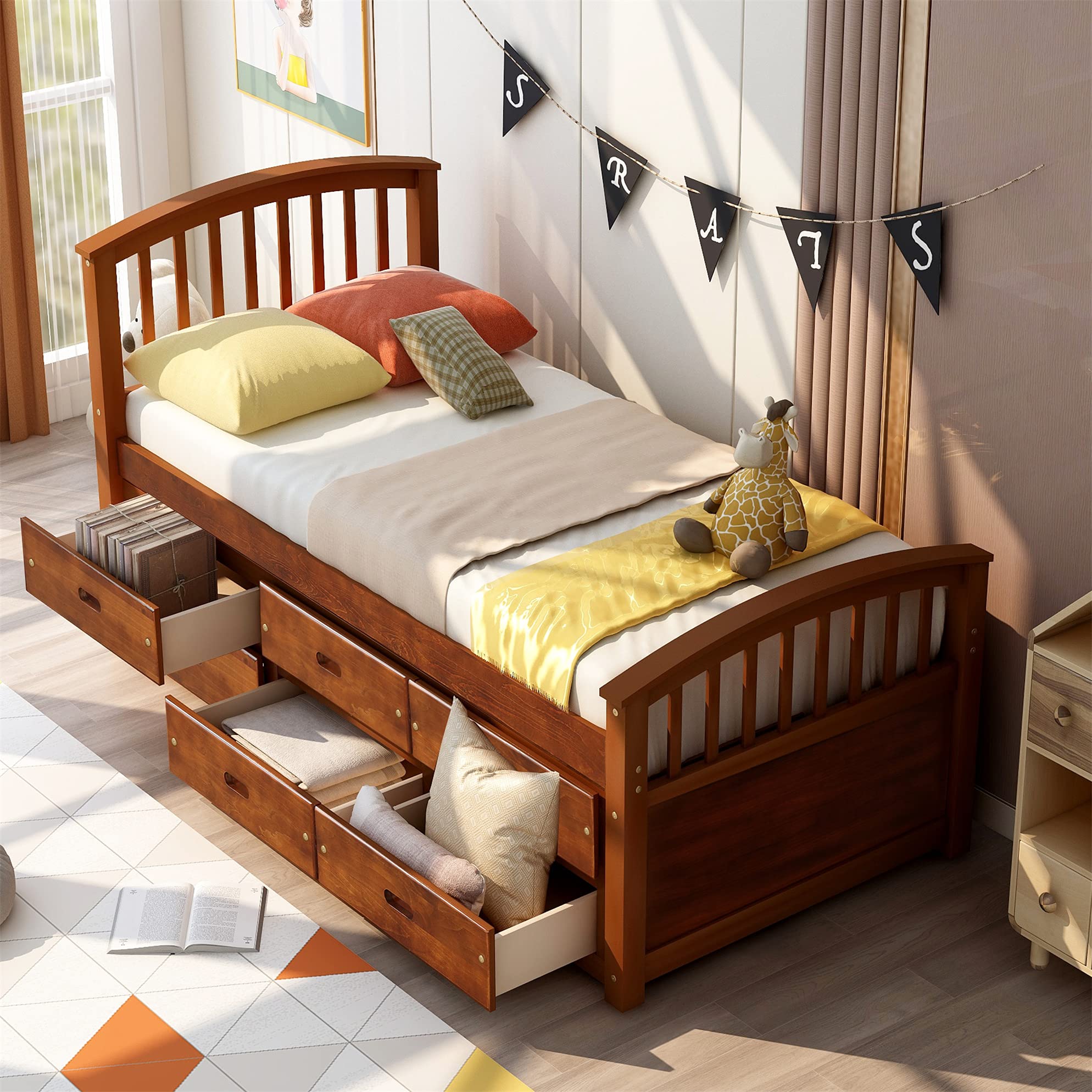 【Furniture】Harper & Bright Designs Twin Captain's Bed with Trundle and Three Storage Drawers