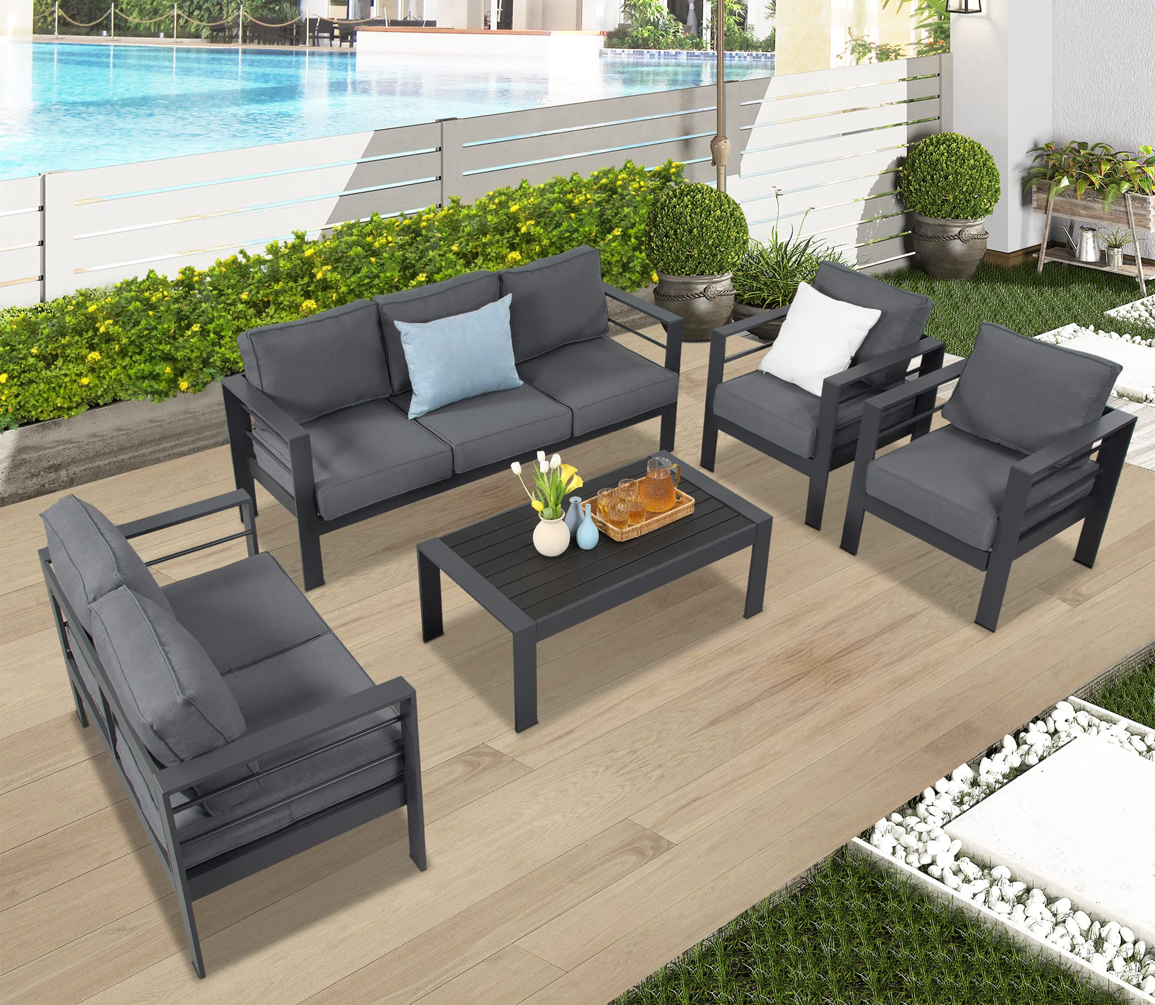 【Furniture】Aluminum Outdoor Patio Furniture Set, Outdoor Sectional Metal Sofa with 5