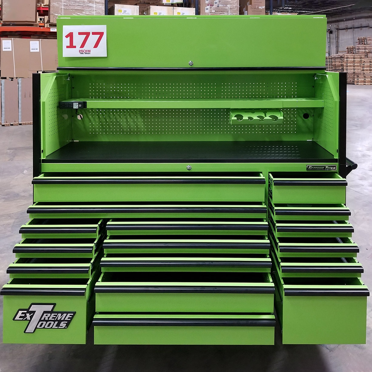 used toolboxScratch & Dent, Extreme Tools DX Series 72 x 21 Triple Bank Roller & Hutch Combo in Green-Black C Showroom Demo