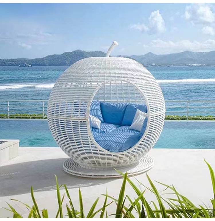 【Home&Garden】Outdoor bed apple bed rattan round bed Nordic villa swimming pool seaside vacation beach homestay rattan bed