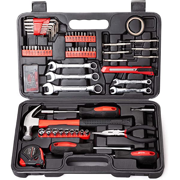 CARTMAN 148Piece Tool Set General Household Hand Tool Kit with Plastic Toolbox Storage Case Socket and Socket Wrench Sets Red