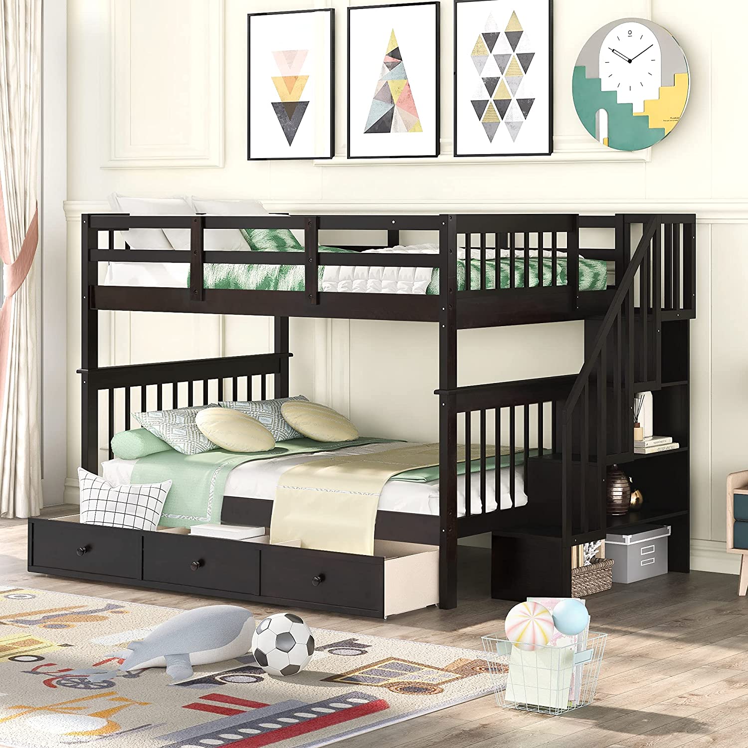 【Furniture】Full Over Full Bunk Bed with Shelves, Stairway Bunk Bed Full Size with 6 Storage Drawers