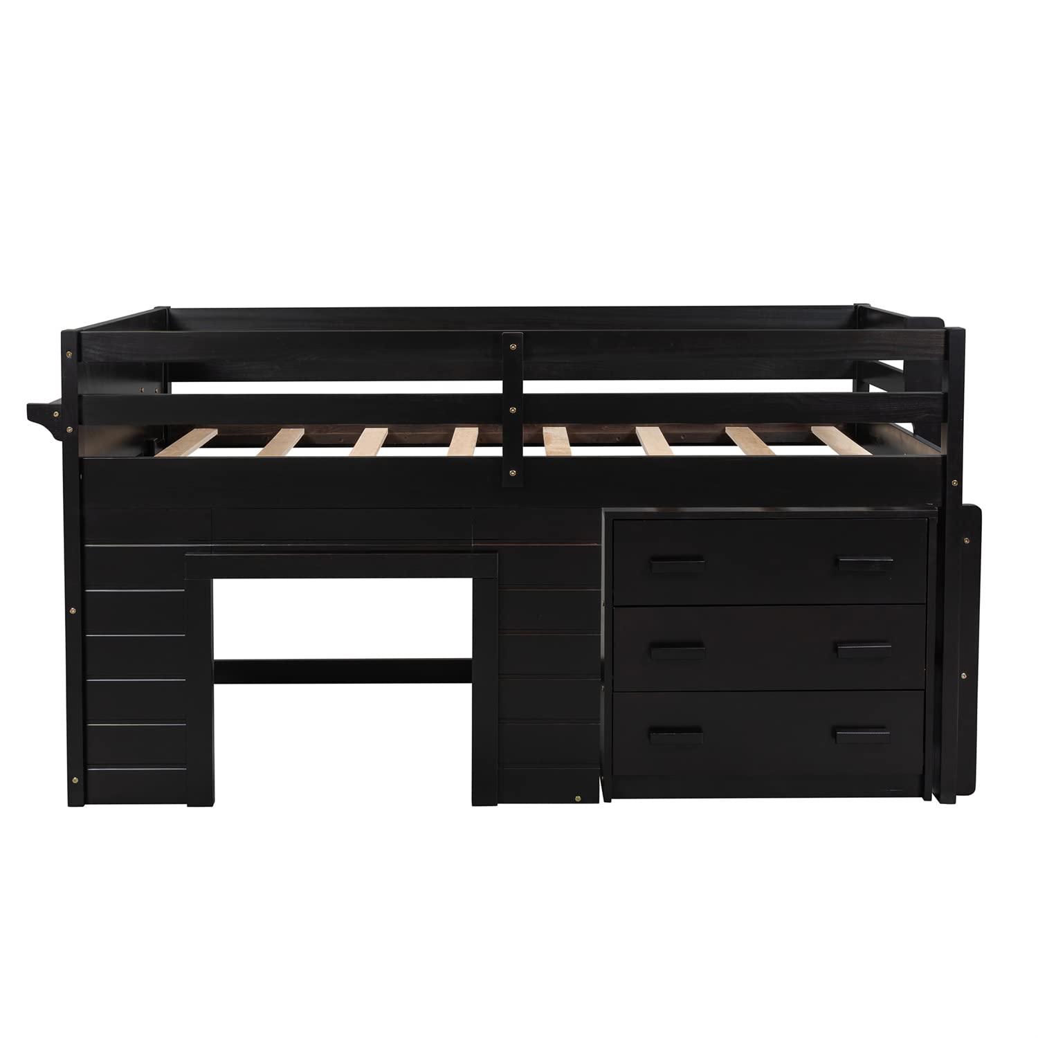 【Furniture】Bellemave Low Loft Beds with 3 Drawers Twin Loft Bed Frame with Cabinet & Bedside Tray Wood Farmhouse Loft Bed