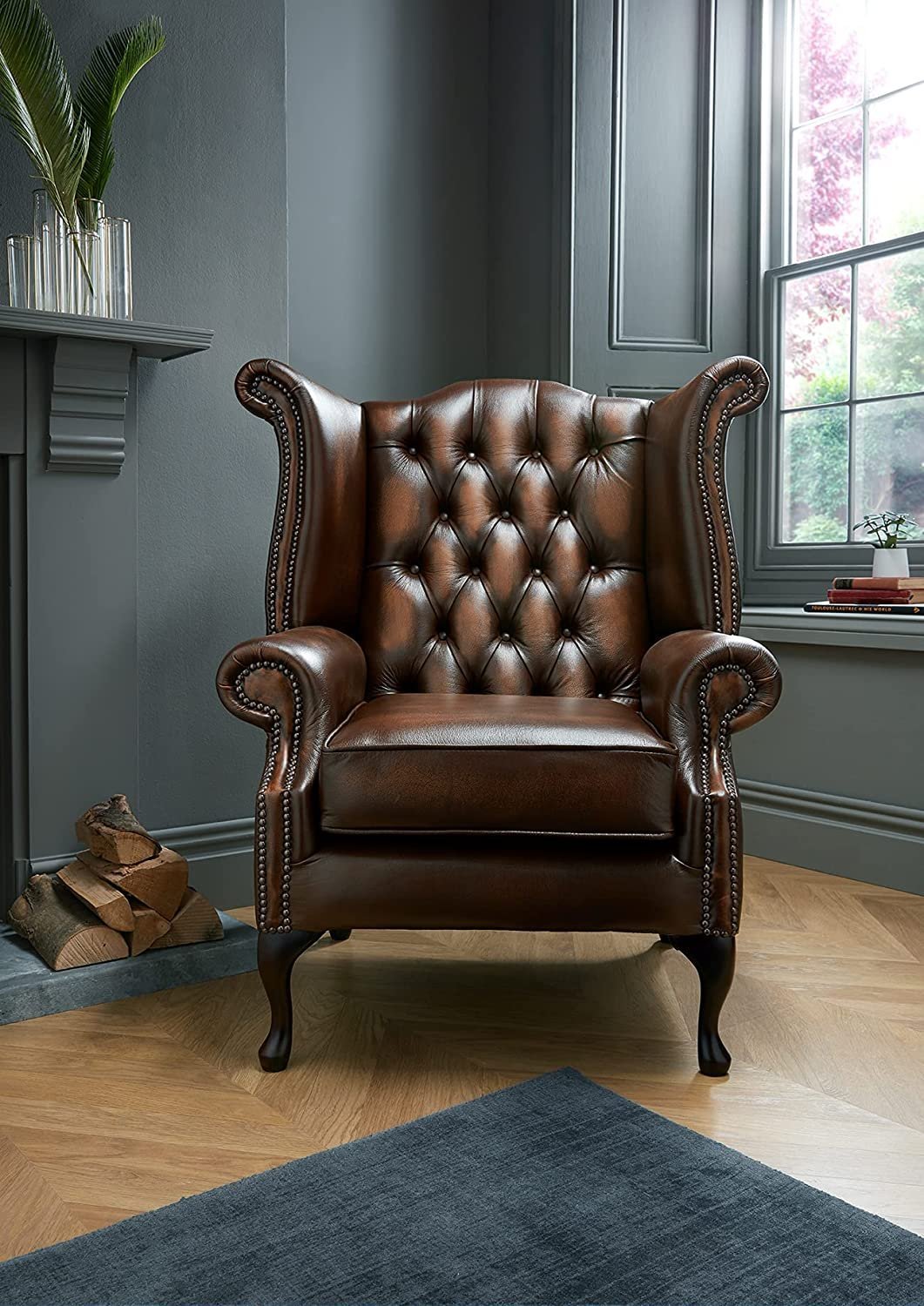 Chesterfield Genuine Antique Leather Queen Anne Chair (3 Colour Options) (Green)