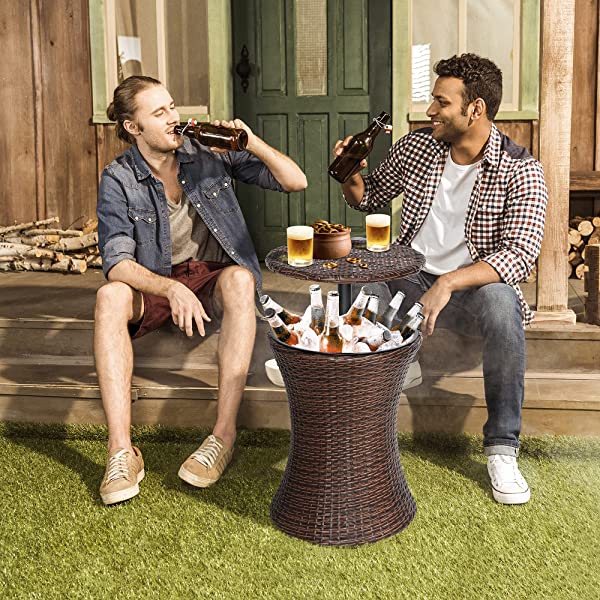 ZENY Cool Bar Rattan Style Patio Pool Cooler Table W/Height Adjustable Top Outdoor Wicker Ice Bucket Cocktail Coffee Table for Party Deck Pool Use, Set of 2