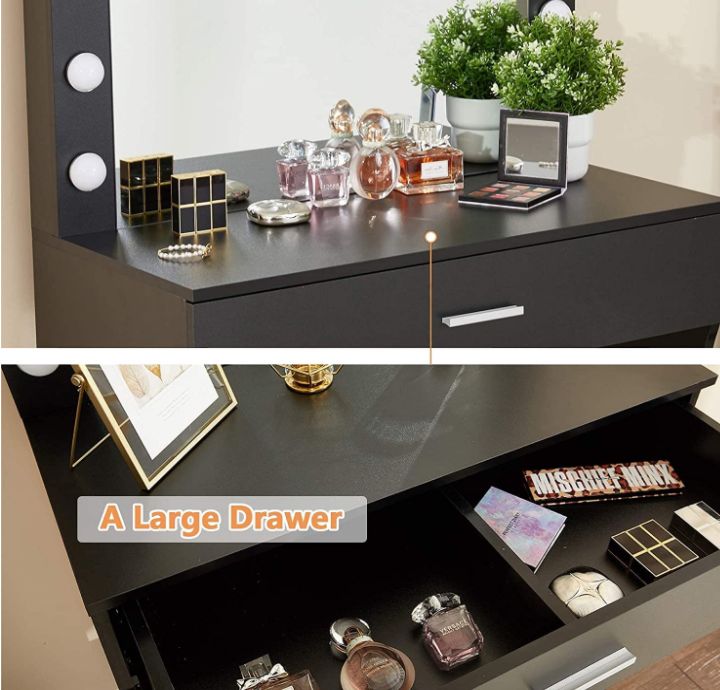 Vanity Table Set with Lighted Mirror - Makeup Vanity with Lights, Adjustable Brightness, Large Drawer Sturdy Wood Vanity, White