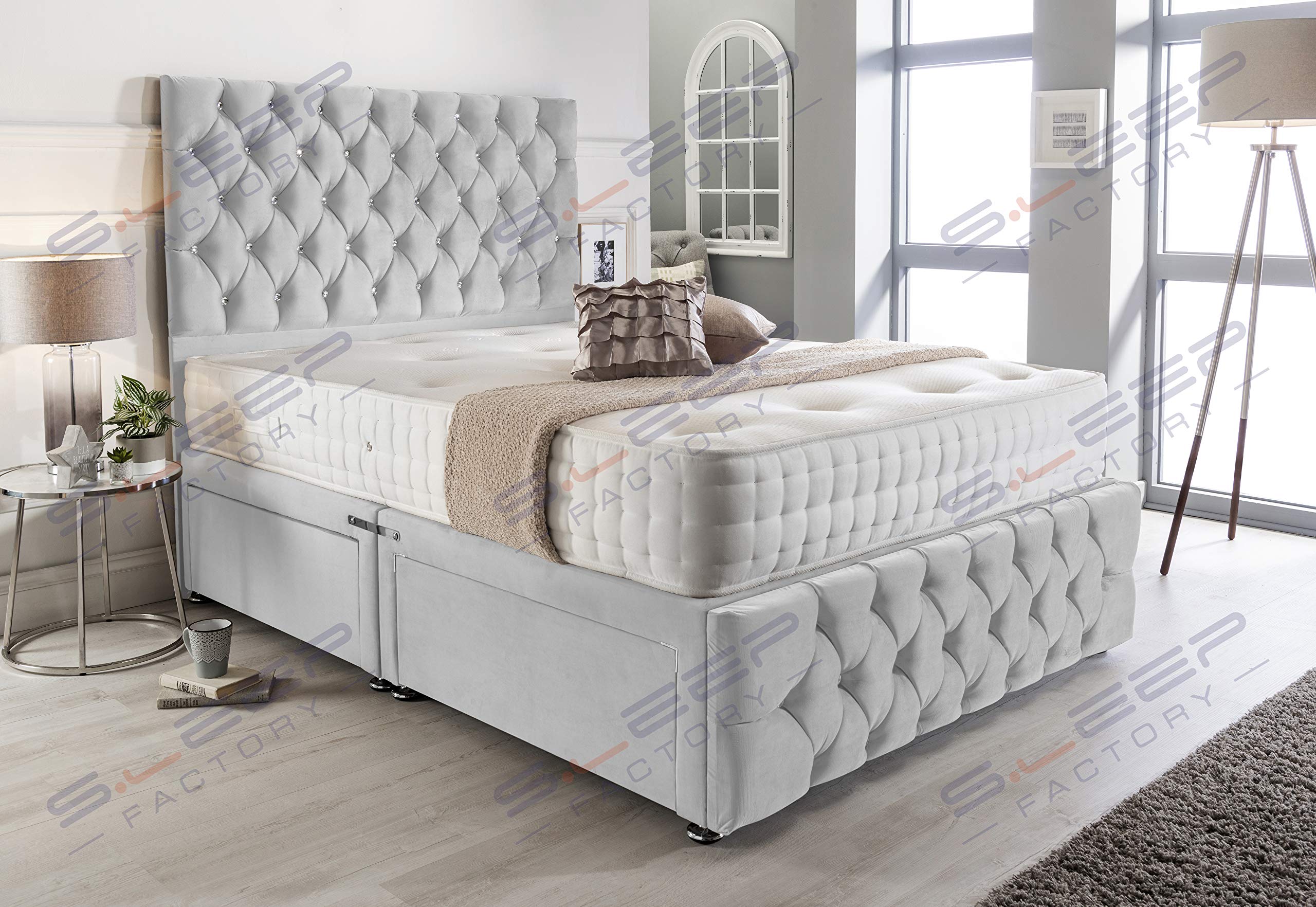 【Furniture】Pebble Plush Velvet Chesterfield 2 Drawer Divan Bed Set, Mattress & Headboard