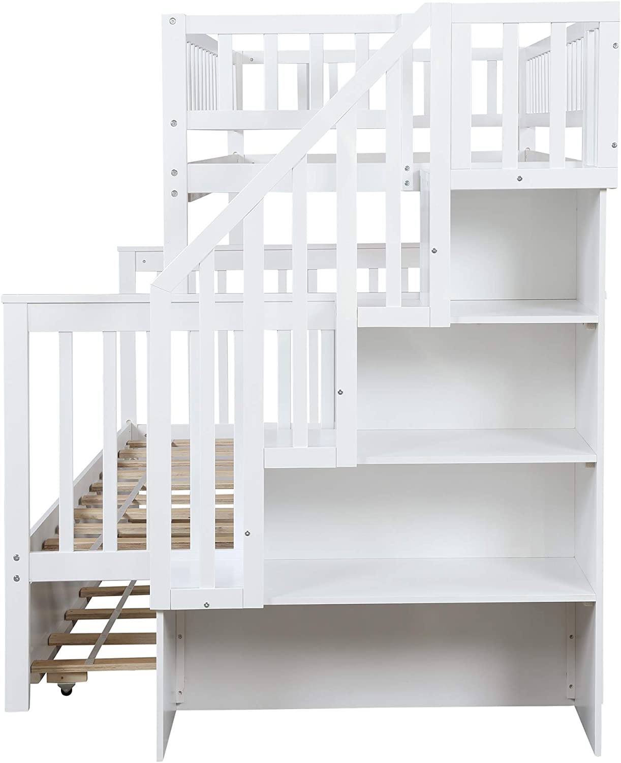 Double bunk bed with stairs, solid wood bunk bed with casters and storage drawers, bunk bed with stairs