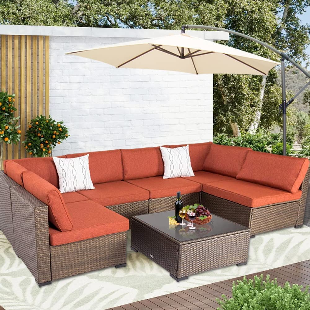 【Furniture】Outdoor Furniture Set, 7 Pcs Sectional Patio Furniture, PE Rattan Coversation Sofa Set
