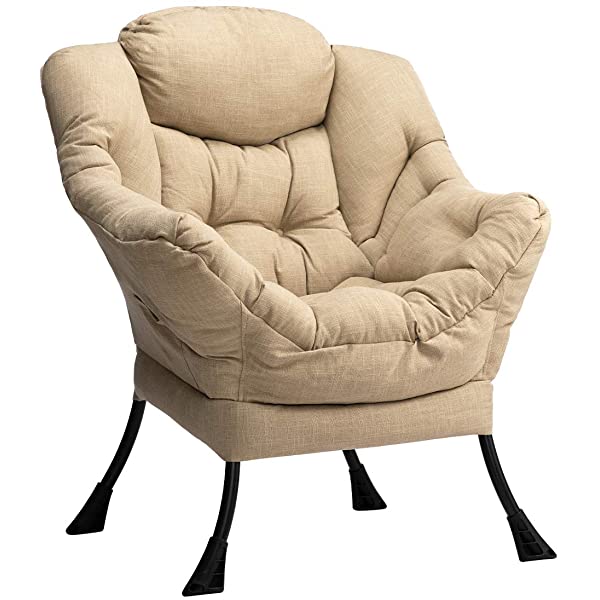 AbocoFur Modern Large Cotton Fabric Lazy Chair，Accent Contemporary Lounge Chair, Single Steel Frame Leisure Sofa Chair with Armrests and A Side Pocket, Beige