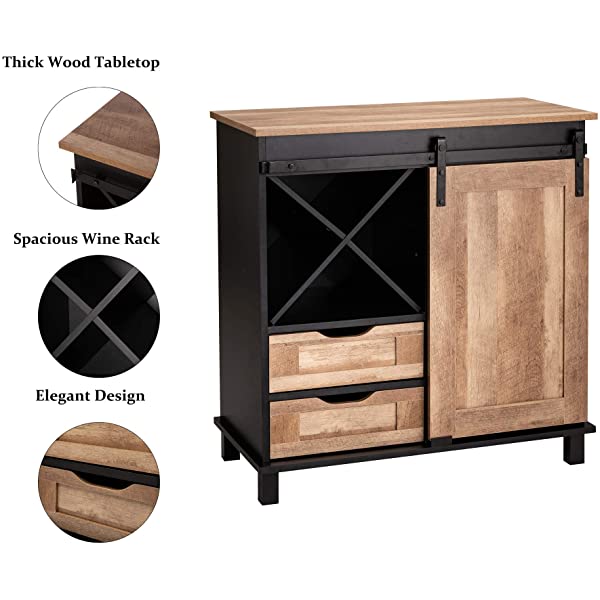 Glitzhome Wood Rustic Wine Cabinet 2-Sections Bar Cabinet with Wine Storage 31.5”L Sideboard Table with Drawers Wood Sideboard with Wine Display for Kitchen Dining Room 2 piece