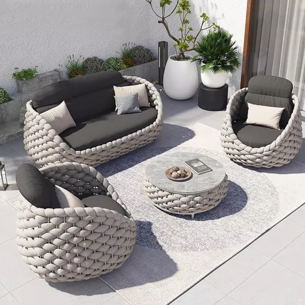 CLEARANCE SALE-4- PIECES TEXTILENE ROPE WOVEN OUTDOOR SECTIONAL SOFA SET WITH REMOVABLE CUSHION PILLOW
