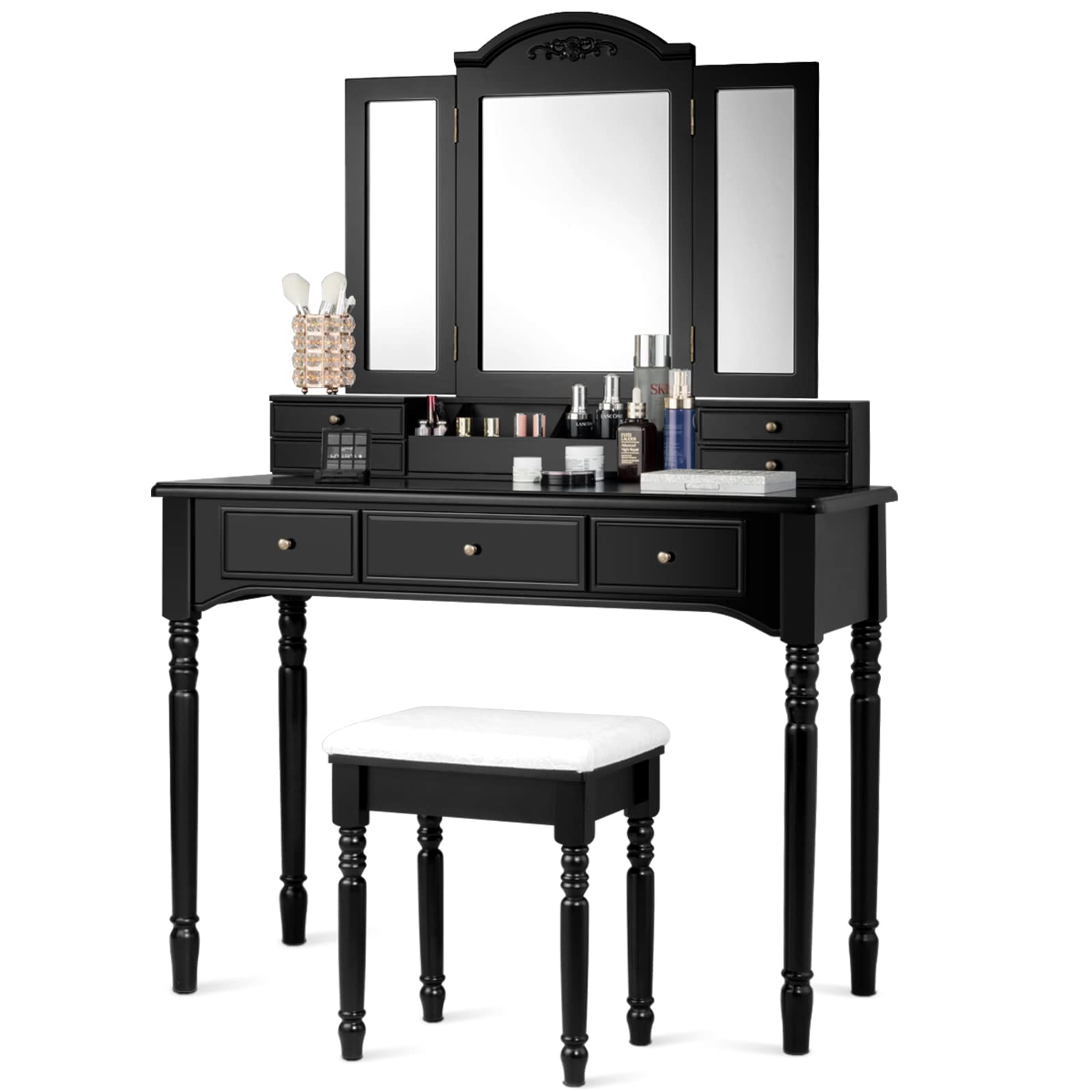 【Furniture】Vanity Desk Set, Dressing Table with Trifold Mirror, 8 Necklace Hooks, 7 Drawers