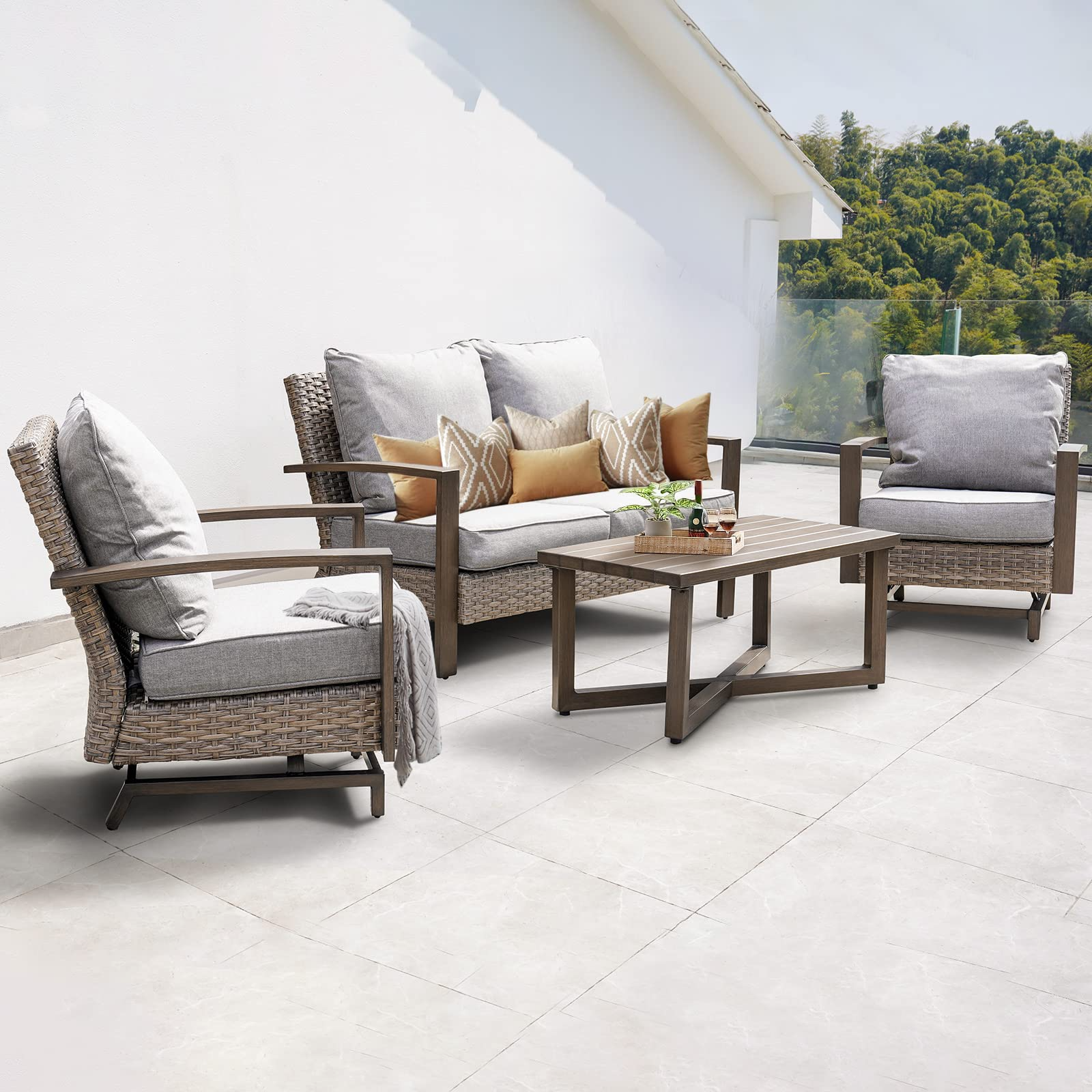 【Home&Garden】Outdoor 4 Pcs Furniture Sofa Sets PE Wicker Furniture Sets Rockers Patio Conversation Sets