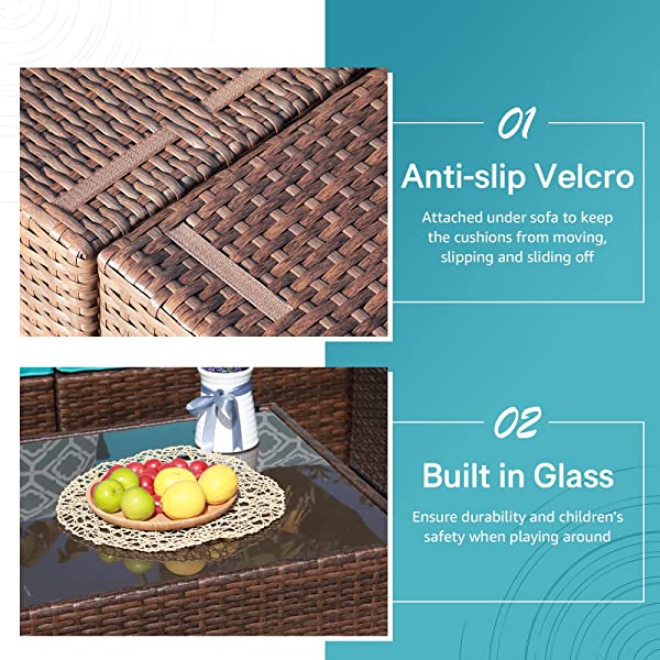 OC Orange-Casual 6-Piece Outdoor Patio Sectional Sofa Set Brown Wicker Furniture Set with Turquoise Seat Cushions & Tempered Glass Coffee Table