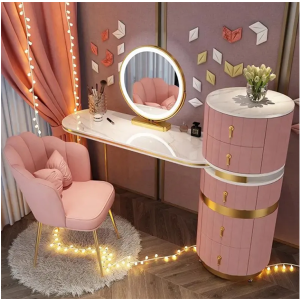 【Furniture】Dressing Table Set with Round Mirror 2 Large Drawers with Round Sliding Rails Padded Stool