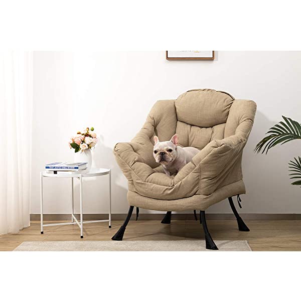 AbocoFur Modern Large Cotton Fabric Lazy Chair，Accent Contemporary Lounge Chair, Single Steel Frame Leisure Sofa Chair with Armrests and A Side Pocket, Beige