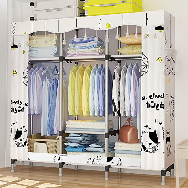 UDEAR Portable Canvas Wardrobes Closet Clothes Storage Shelves Storage 25mm White