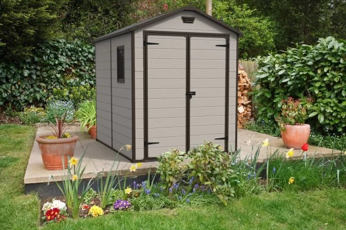 6x8 ft Keter Manor Outdoor Garden Storage Shed, Beige.
