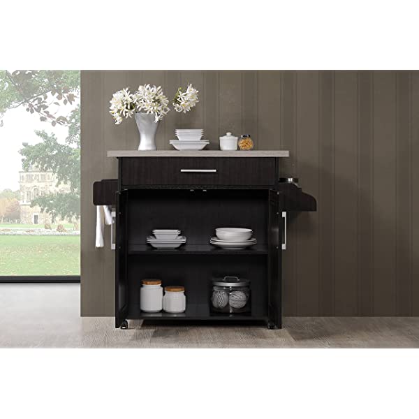 Hodedah Kitchen Island with Spice Rack, Towel Rack & Drawer, Black with Beech Top Black-beech