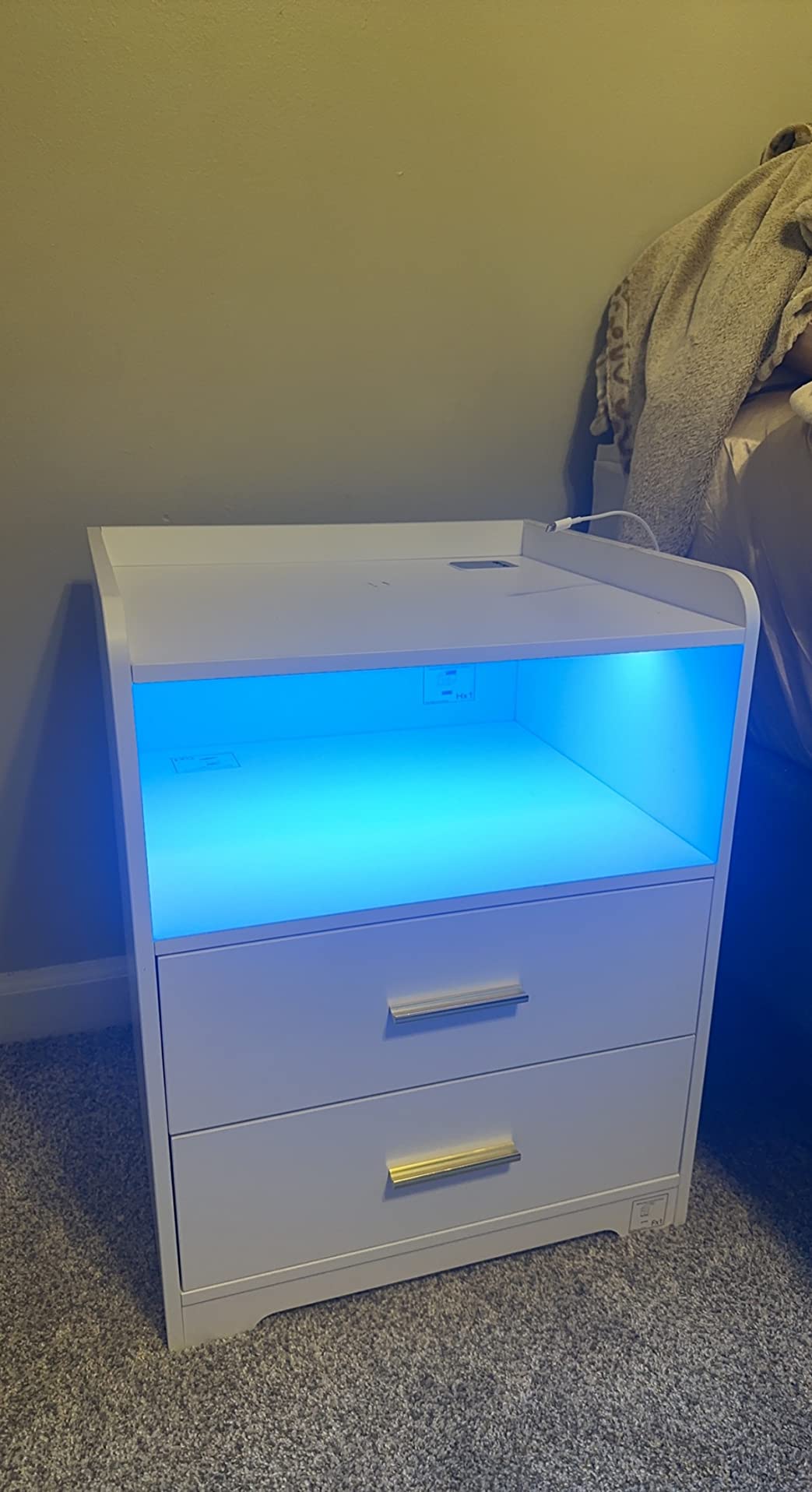 【Furniture】Black Nightstand with Charging Station, Night Stands with 2 Drawers, Smart Nightstand Bedside Table Led