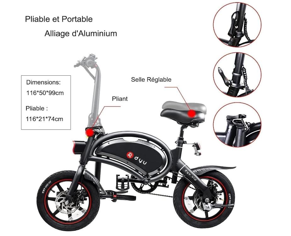 DYU Folding Electric Bike, 14 inch Portable E-bike, Smart Electric Bicycle with Pedal Assist, 3 Riding Modes City EBike with Battery Indicator, Height Adjustable, Compact Portable, Unisex Adult