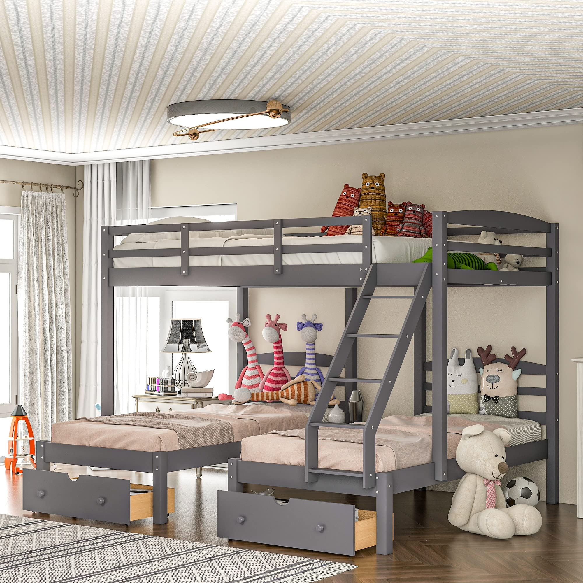 【Furniture】Triple Bunk Bed Full Over 2 Twin Bunk Bed with 3 Drawers & Guardrails, Bunk Bed for Family, Teens