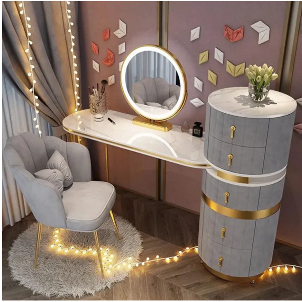 【Furniture】Dressing Table Set with Round Mirror 2 Large Drawers with Round Sliding Rails Padded Stool